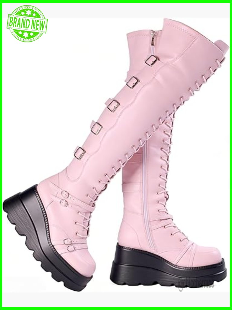 Over The Knee Chunky Heel Platform Boots Side Zip Lace Up